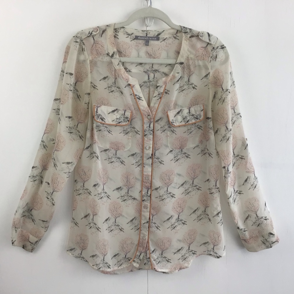 Daniel Rainn Sheer Floral Button-Front Blouse in Cream and Blush